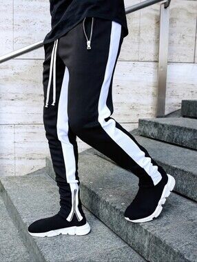 Men’s Black White Track Pants Zip Pockets Ankle Zips Athletic Joggers Men's XS